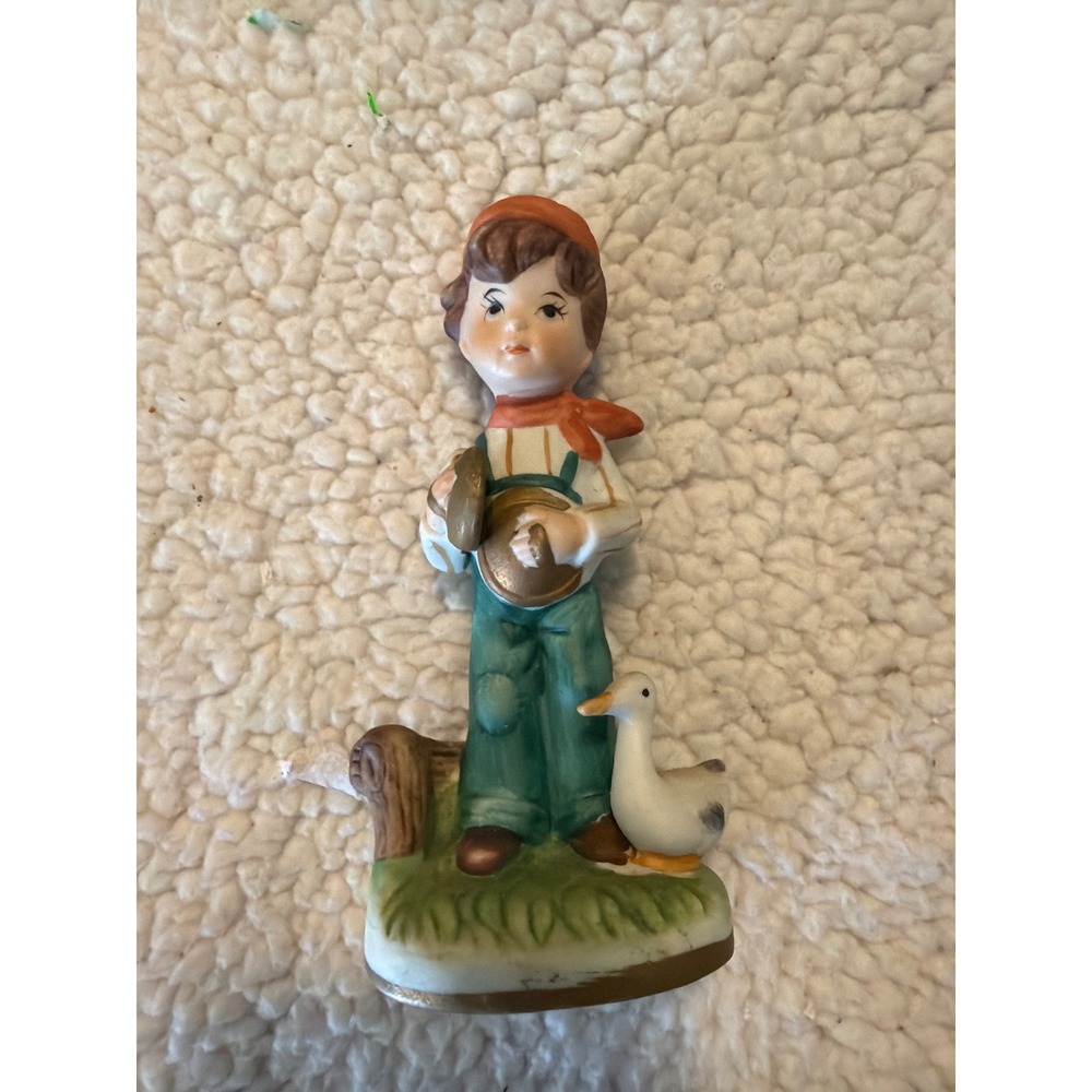 Vintage Toma Porcelain‎ Boy with Goose Figurine Made in Korea 5695 Matte Finish